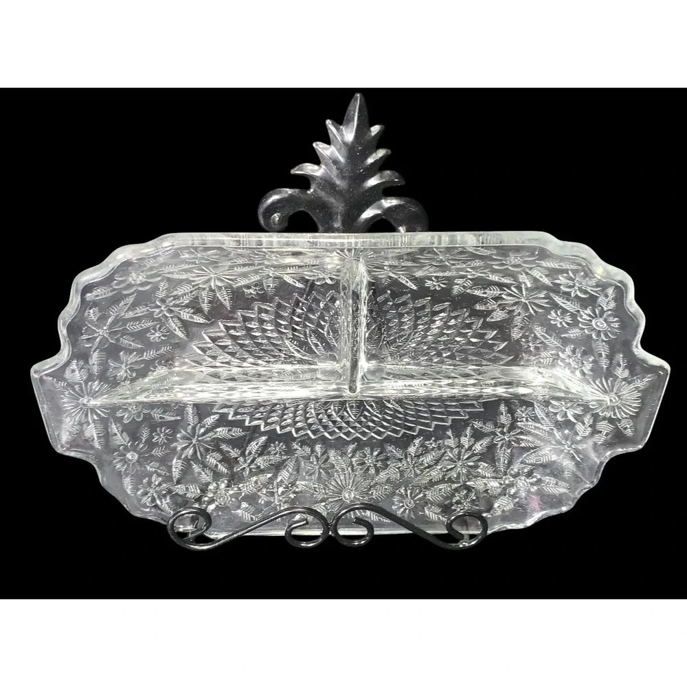 Indiana Glass Pineapple and Floral 3-Part Divided Relish Dish 1930s